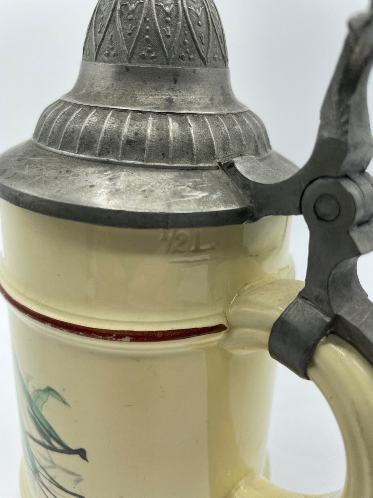 Antik Porzellan Bierkrug mit Zinn Deckel Bier Seidel um 1900 Gruß aus Haiterbach9