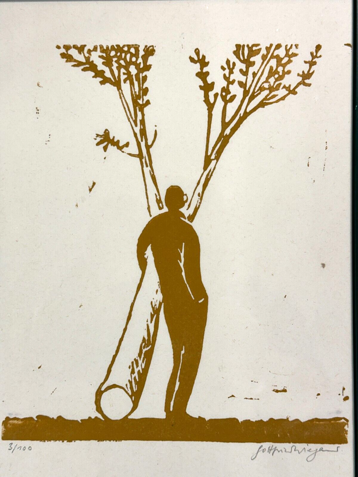 Gottfried Wiegand 1926 - 2005 - Holzschnitt - Mann mit Baum unter dem Arm - sign1