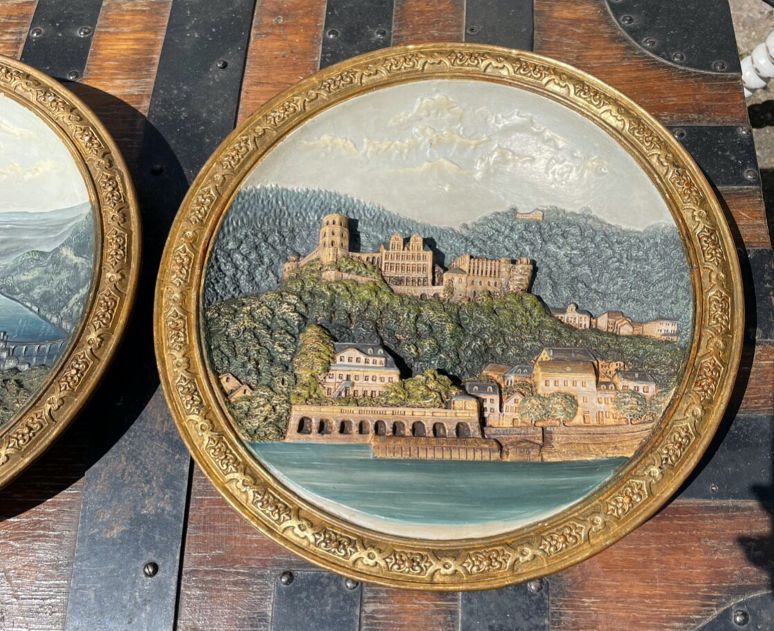 2 Keramik Majolika Teller Wandteller Heidelberg Schiller & Sohn um 1900 Ø 34 cm5