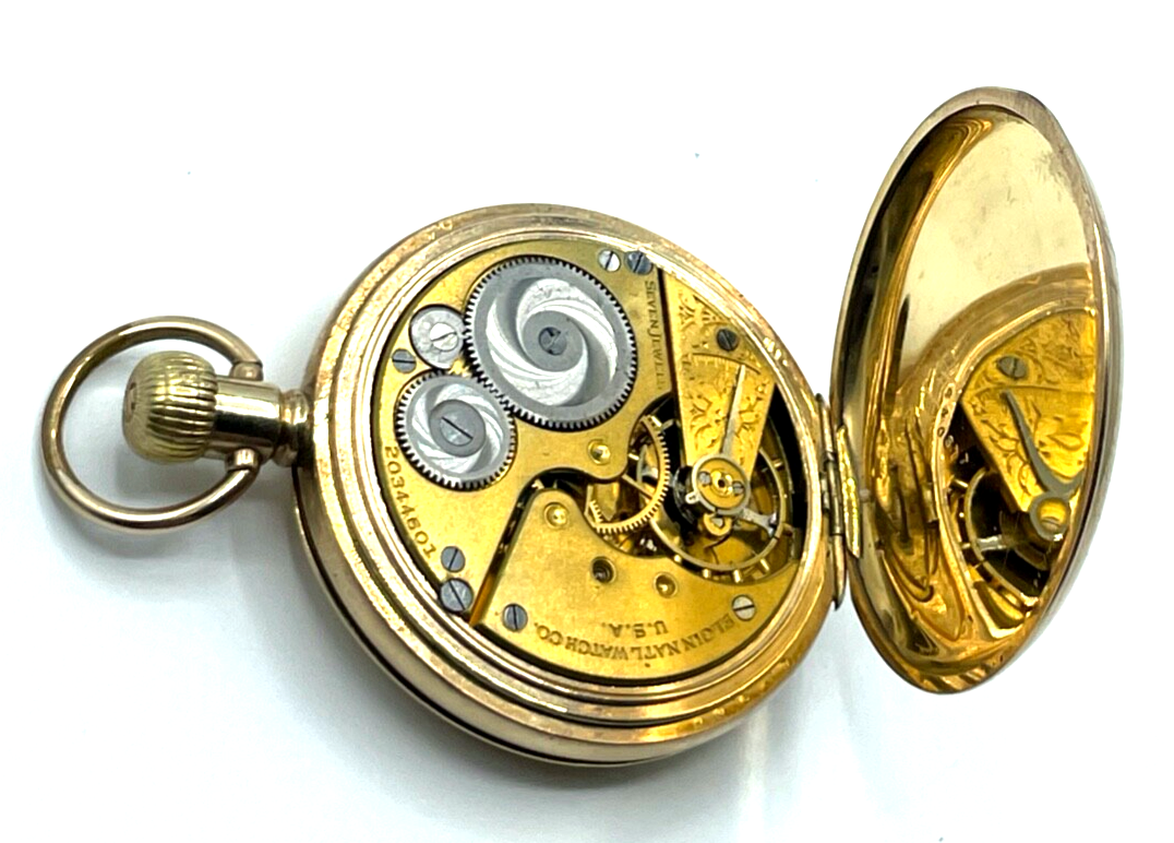 Antik HTU Herren Taschenuhr Elgin USA Golddouble + Glassturz TU Ständer läuft9