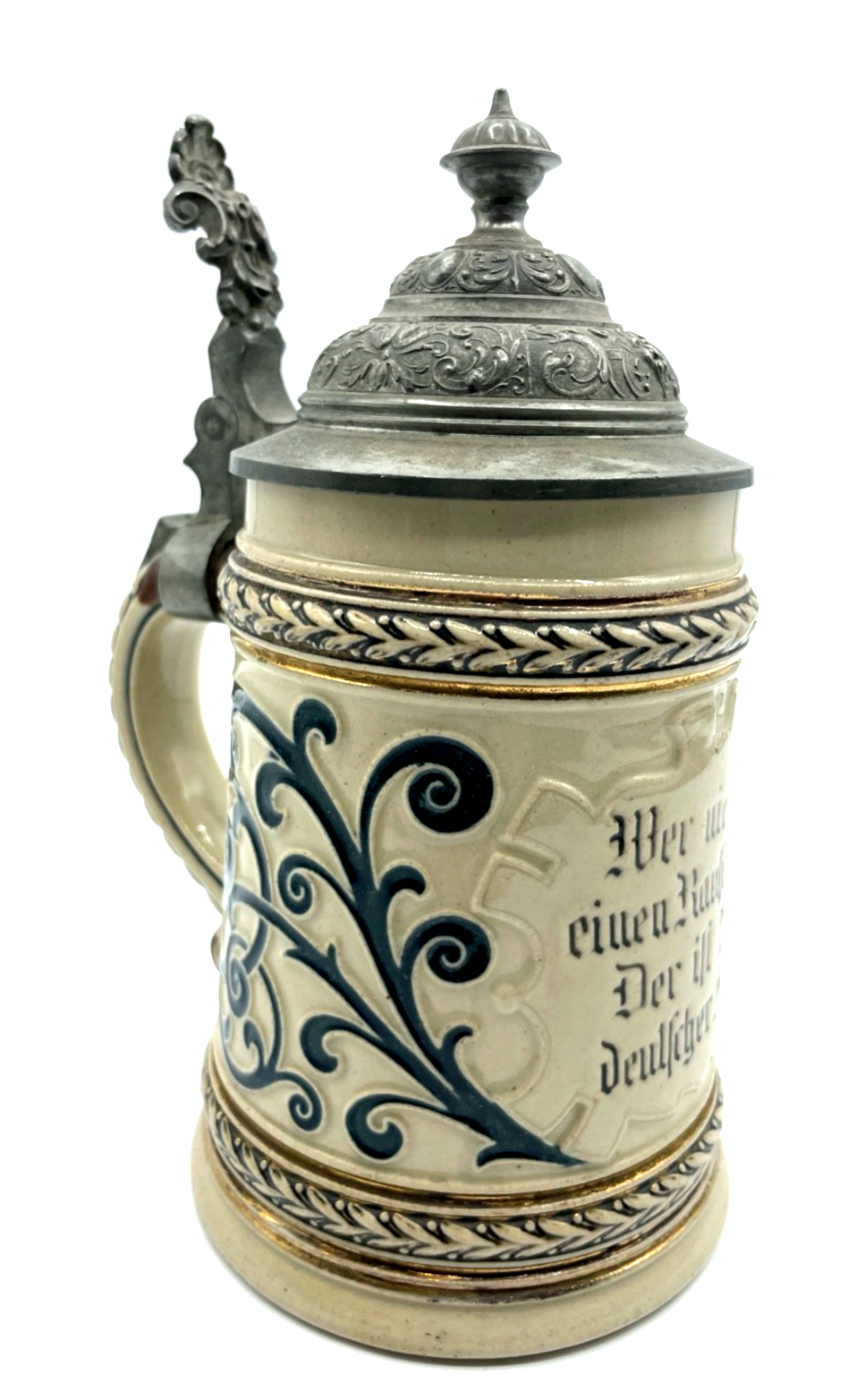 Antik Steinzeug Bierkrug mit Zinn Deckel Bier Seidel vor 1900 Trinkspruch 1/2 L1