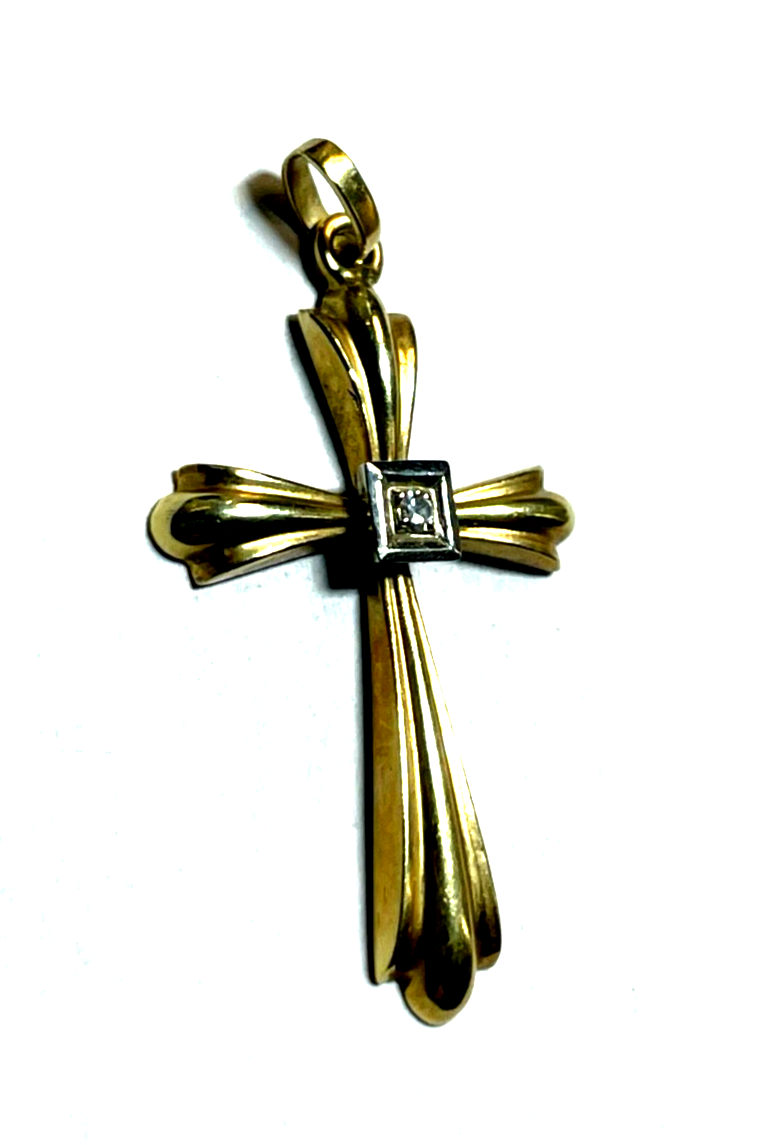 585 Gold 14 K Gelbgold Anhänger Kreuz mit kl. Brillant im antik Stil Juwelier2
