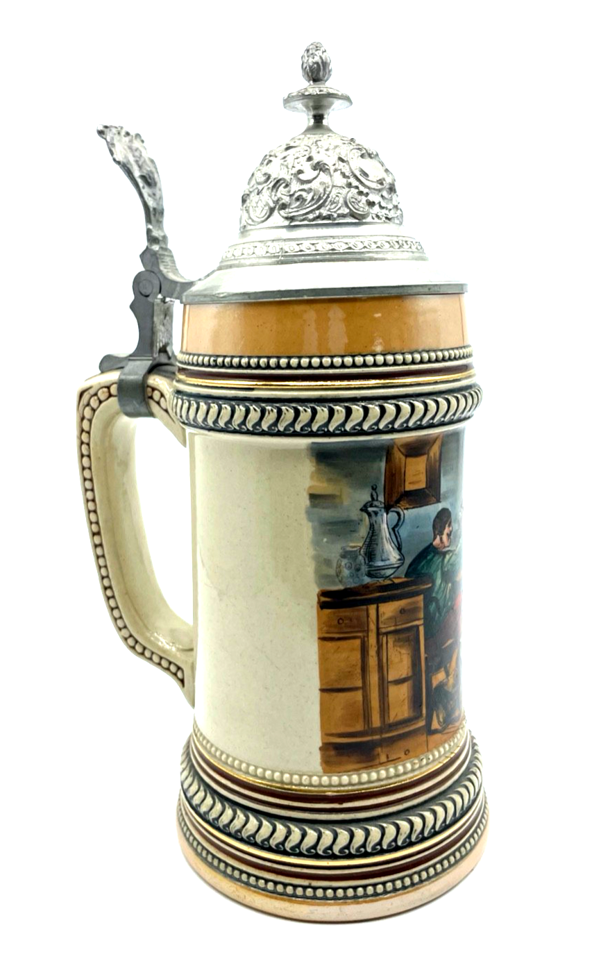 Antik Steinzeug Bierkrug Krug Zinn Deckel handbemalt Wirtshaus 0,4 Ltr. um 19003