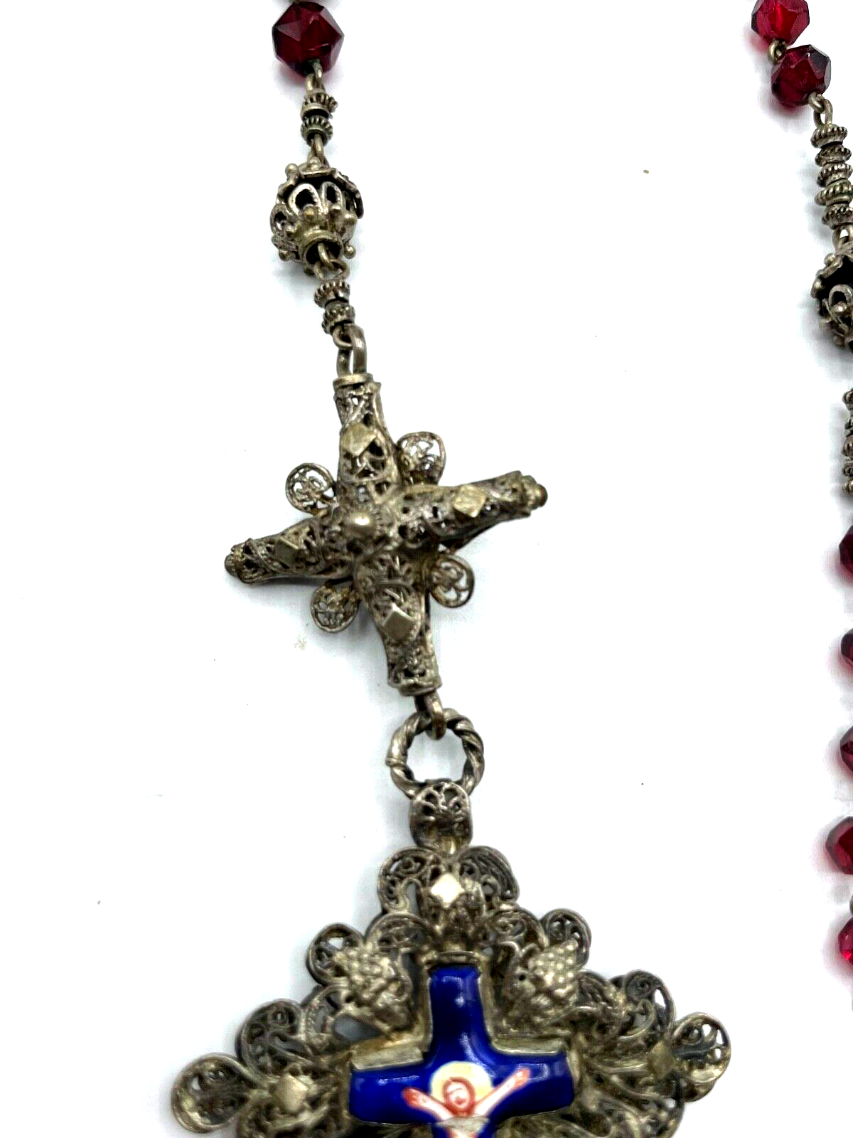 Antik Biedermeier Rosenkranz Filigran Silber farbig + Emaille + rote Glas Perlen2