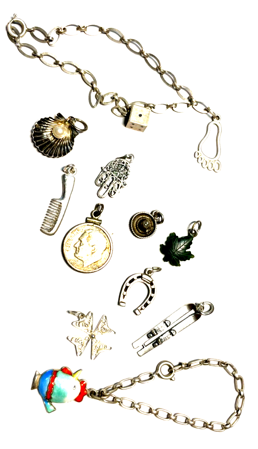 12 verschiedene Anhänger für Bettelarmband alle aus Silber + Armband 19,5 cm0