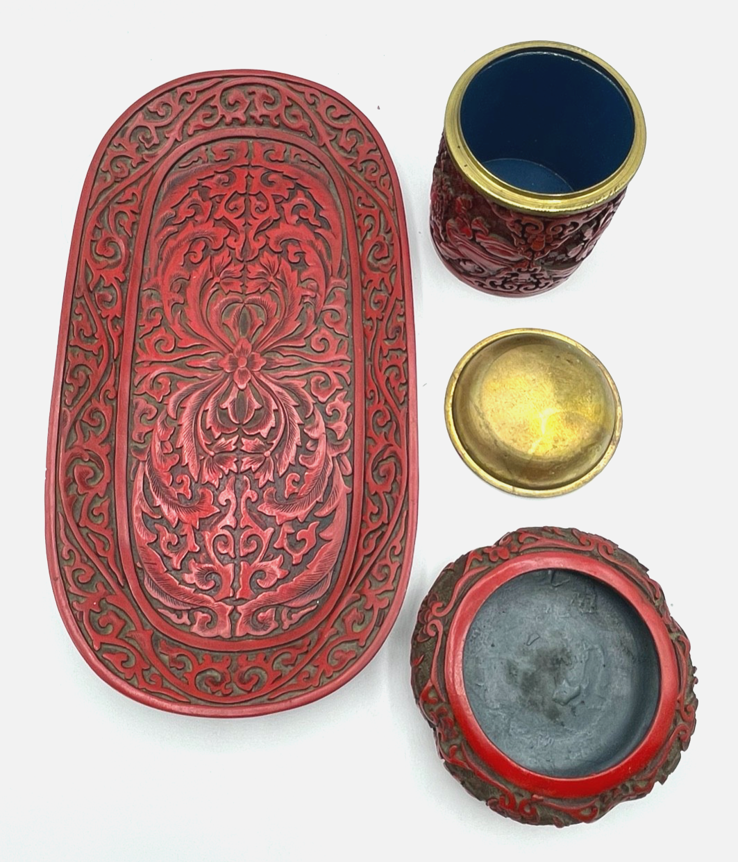 Antik Zinnober Rotlack Chinalack Schnitzlack 3tlg Garnitur um 1900 sehr gepflegt3