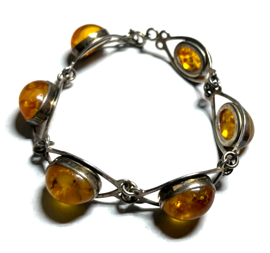 Vintage 835 Silber Fischland Armband mit 6 Bernstein Cabochons L 18,5 cm B  14mm0