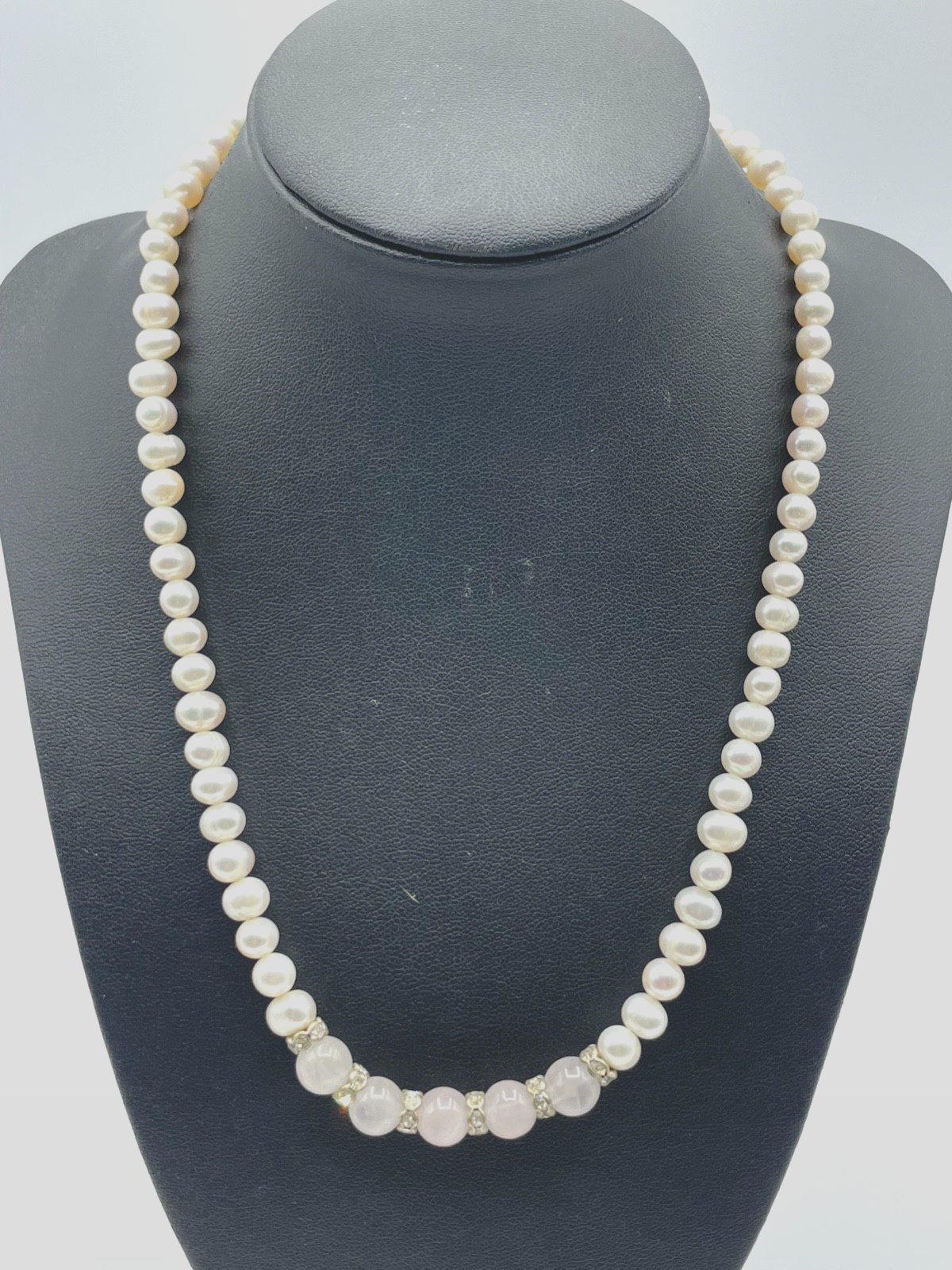 Elegante 925 Silber SWZ Perlen + Rosenquarz Kette L45,5-53 cm Ø 8,5 mmTopzustand0