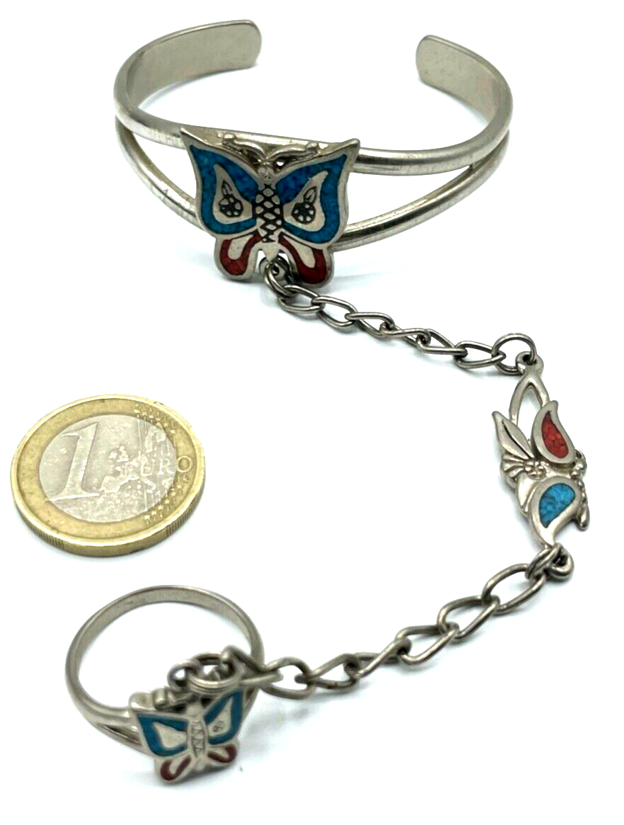 Real vintage 80er Jahre Sklavenarmband Türkis + Koralle Schmetterling Edelstahl1