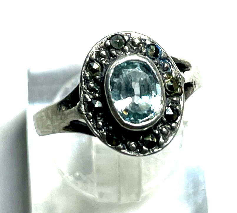 Antik 925 Silber Ring aquamarin farbig wasserblau Spinell 30erJ RG 50 Ø 15,9 mm1