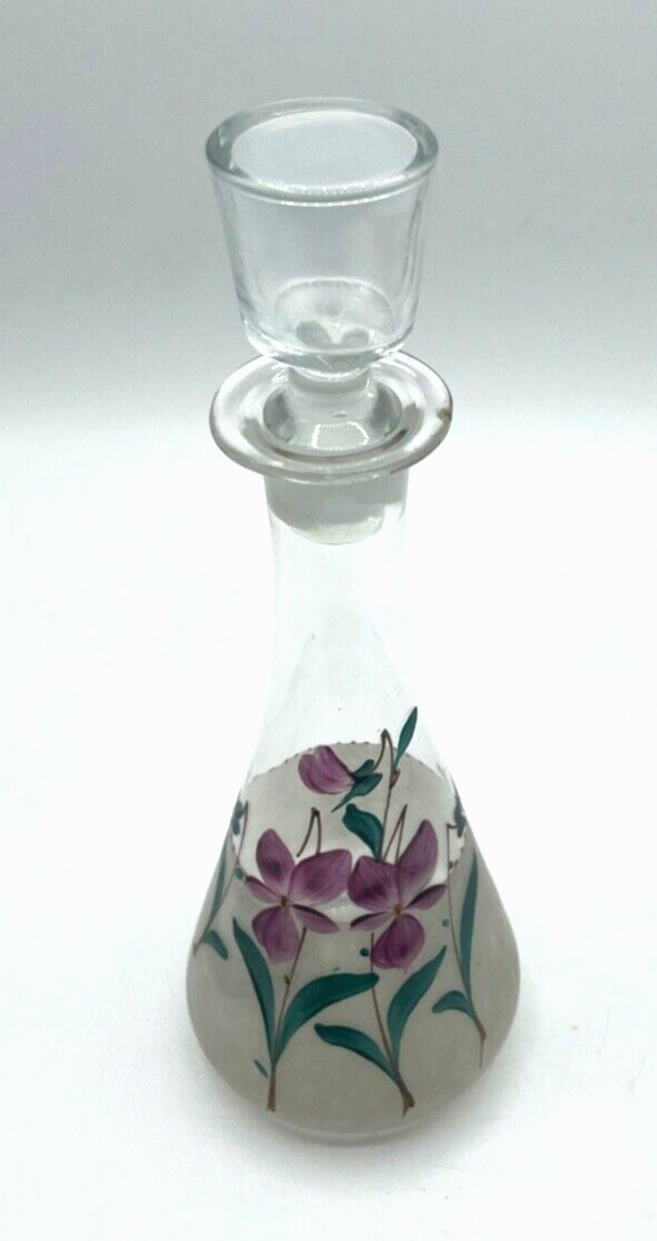Antik Glas Karaffe Likörkaraffe um 1900 mit Veilchen Dekor Handgemalt H 24 cm1