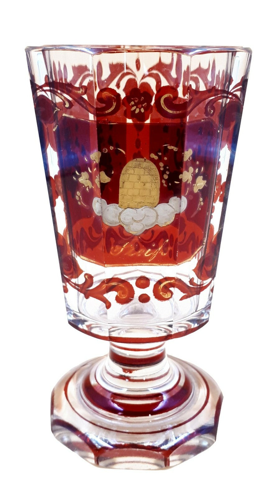 Biermeier Ranftbecher Freundschaftsbecher - 'Glück Freude Fleiß' - um 1820 Rubin3