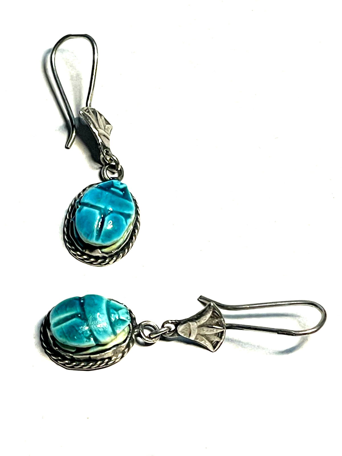 Vintage handgefertigte 925 Silber Ohrhänger Skarabäus mit Kartusche + Lotusblüte2