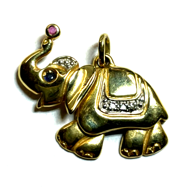 333 Gold 8 K Gelbgold Anhänger Charm Elefant beweglich + Farbsteine Juwelier0