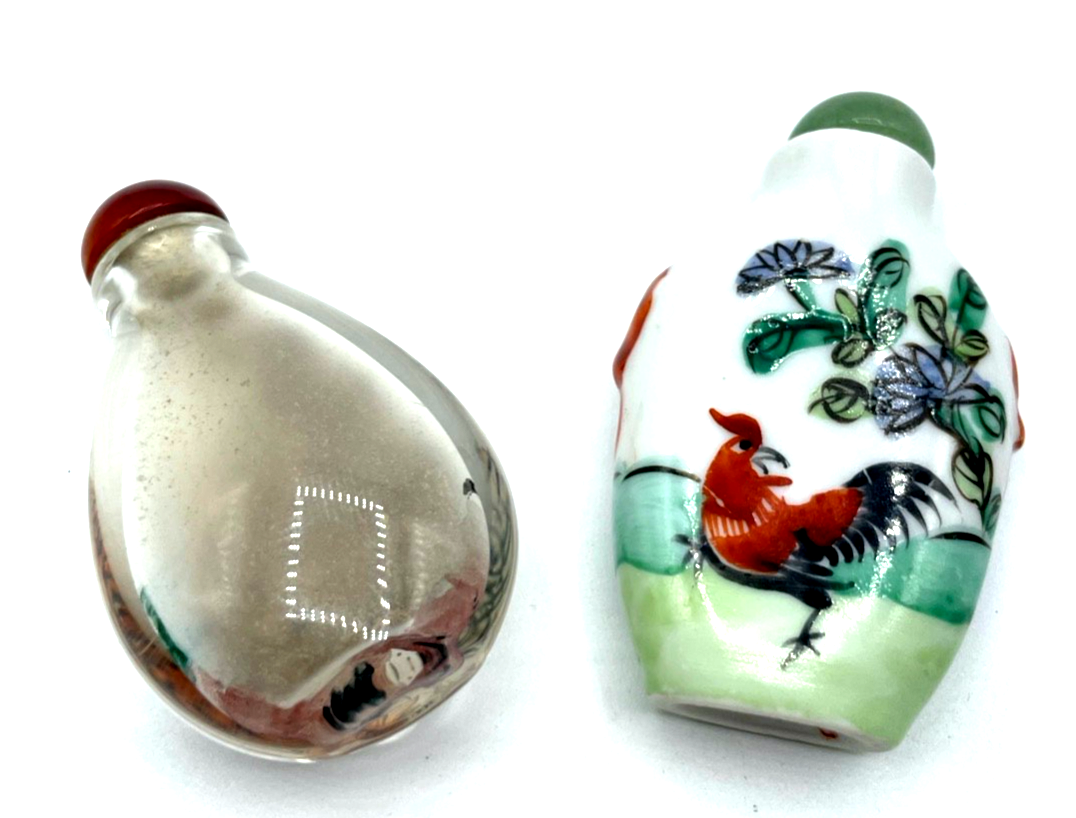 Asiatika 2 vintage snuff bottle Glas China handbemalt Riechfläschchen Tiger Hahn3