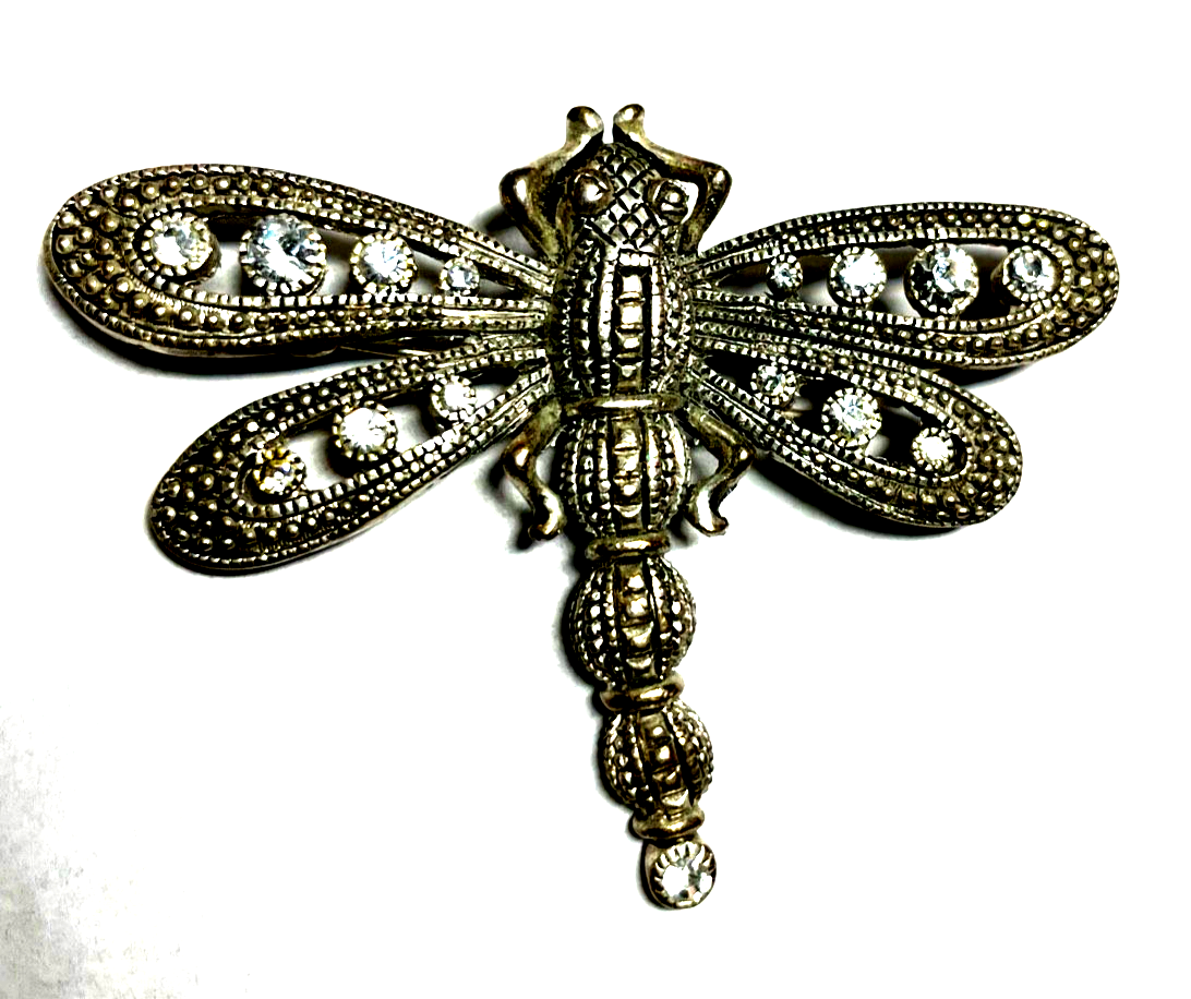 Vintage Modeschmuck Brosche große silberfarbige Libelle Dragonfly mit Strass1