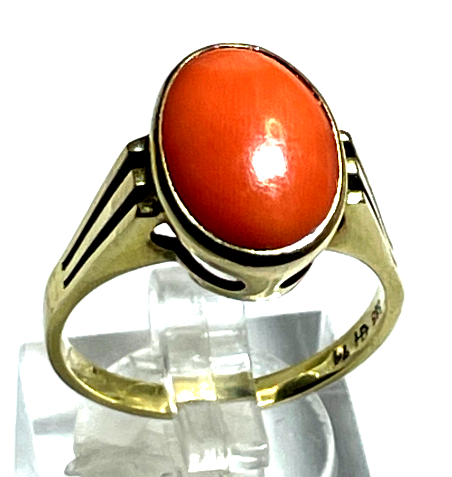 Solider 585 Gold 14 K Ring 19 mm RG 60 Natur Lachs Koralle Cabochon Juwelier6