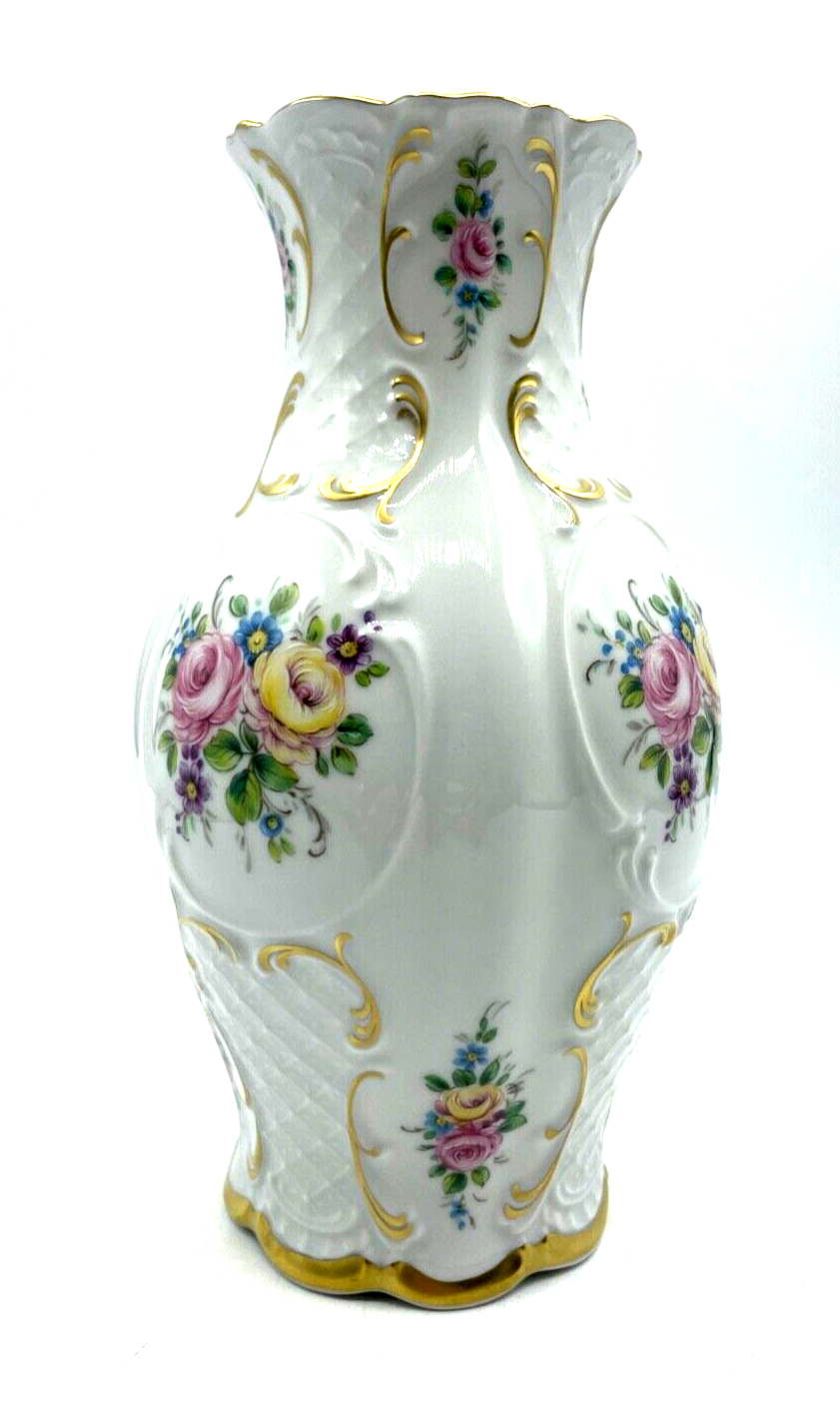 Lindner Porzellan Vase 3320 Golddekor Blumen Bukett sehr gepflegt H 20,5 cm1