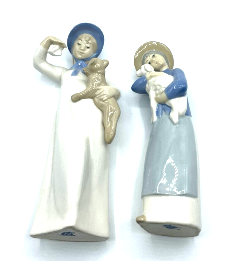 REX Valencia Spain 2 x Porzellan Figur Mädchen mit Katze und Mädchen mit Lamm0