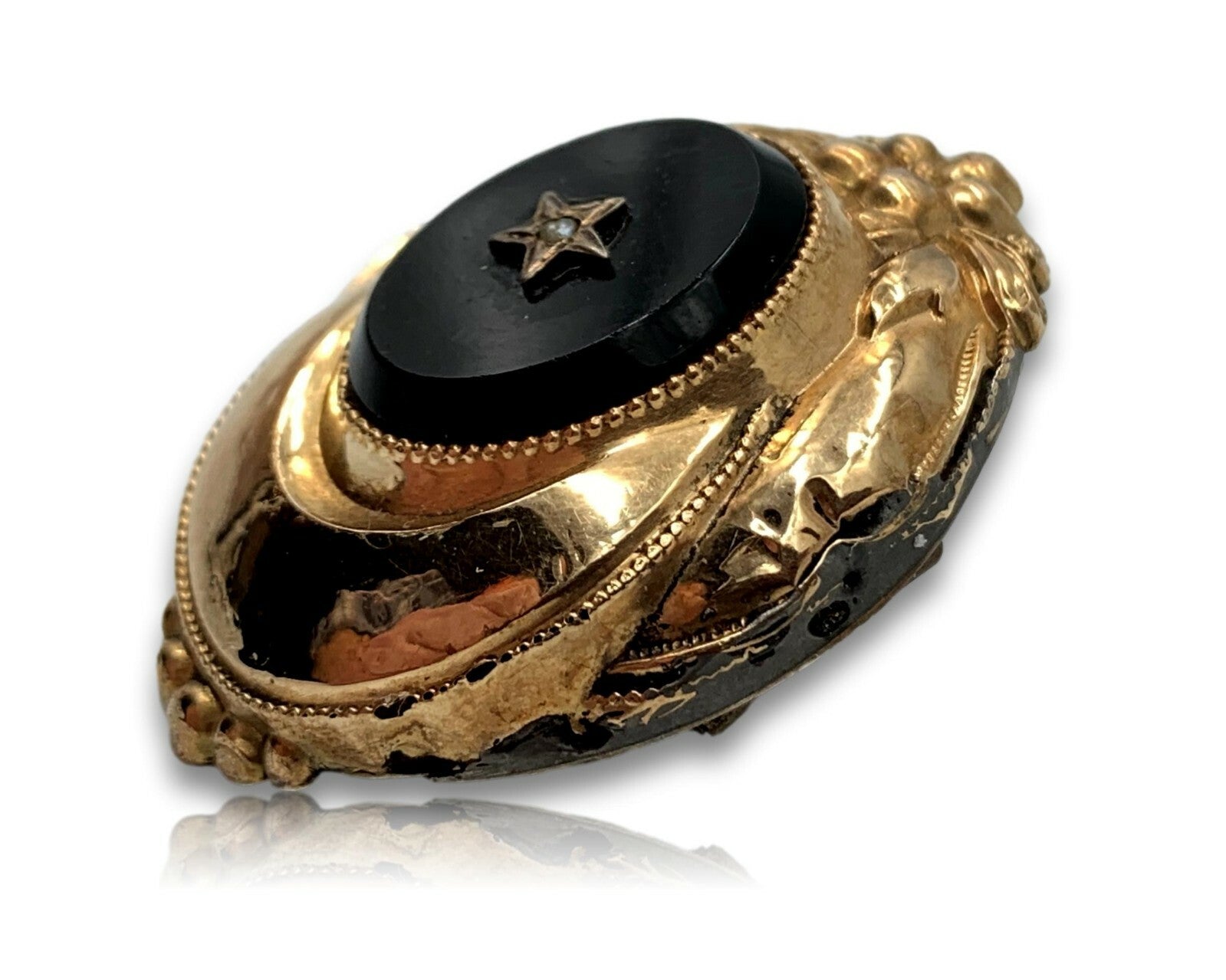 Biedermeier Brosche Anhänger - Schaumgold 6 Karat 250 - schwarzer Onyx Saatperle2