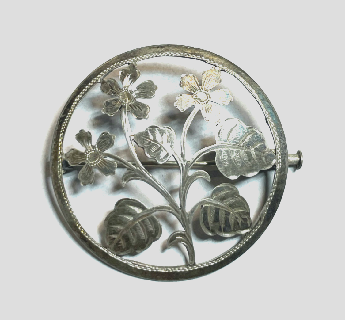 Antik gesägte Blumen Brosche Anstecknadel 835 Silber Ø 38 mm top gepflegt0
