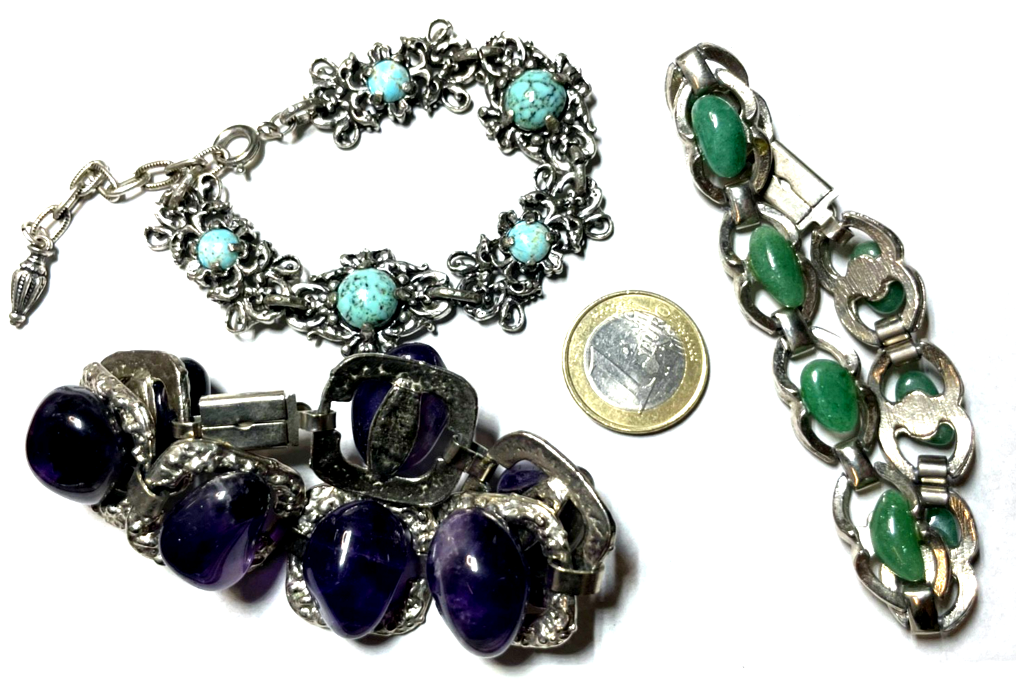 3 vintage Armbänder Armketten mit Edelstein Amethyst Aventurin 70er top gepflegt7