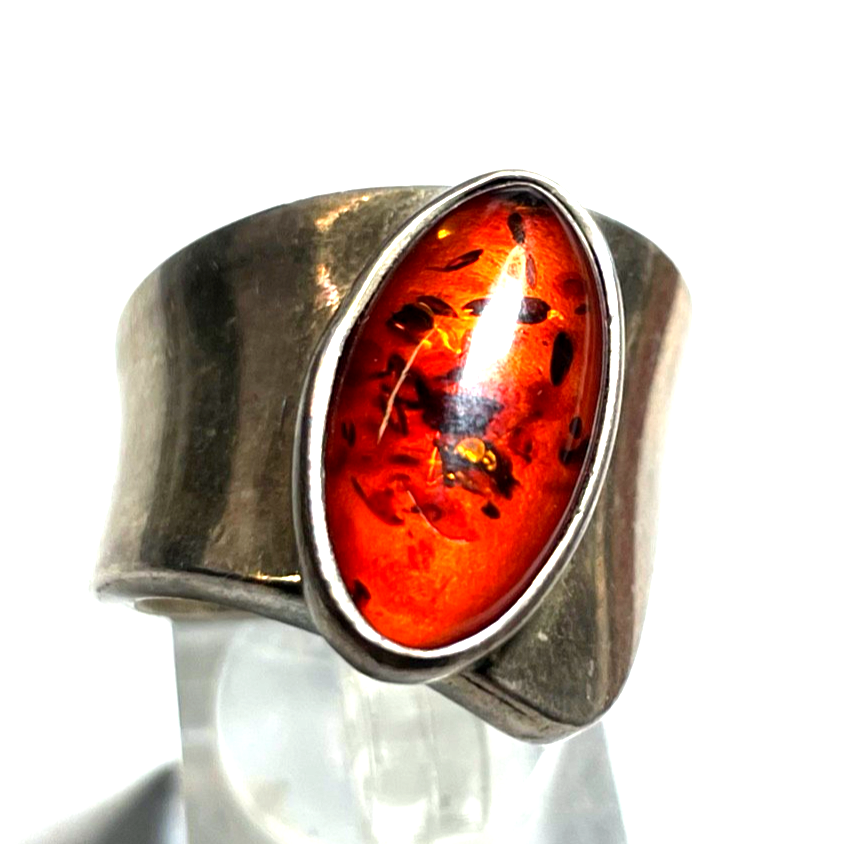 Aparter 925 Silber Design Ring Handarbeit Bernstein Cabochon offene Schiene6