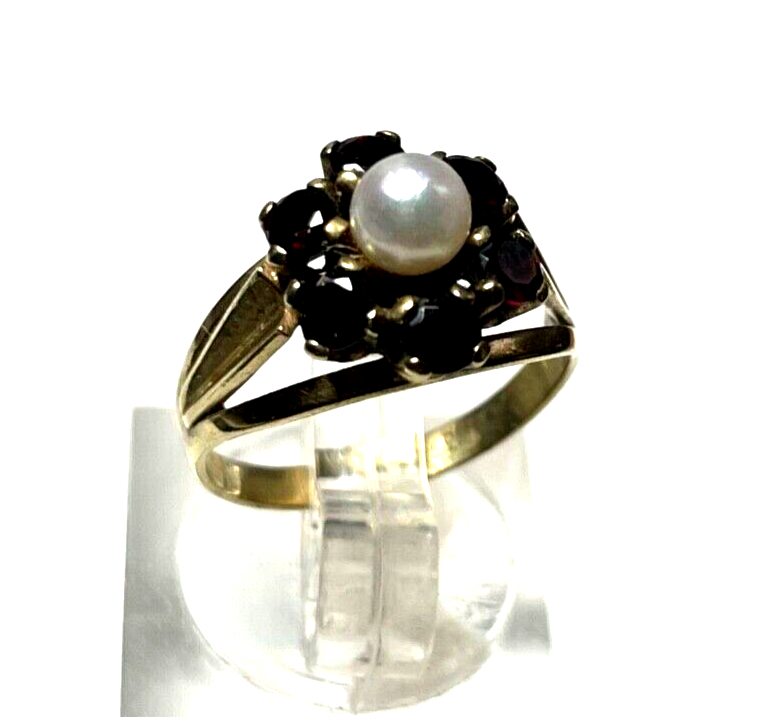 Vintage 333 Gold 8 K Ring 6 Granat + 1 Perle Ø 16 mm RG 50 Klassiker gepflegt1