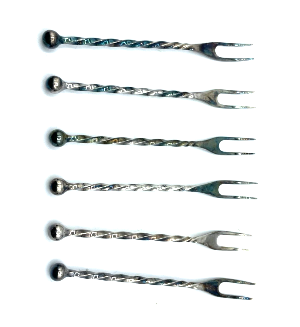 Vintage 6 Set WMF Cocktailgabel Bowlegabel Spicker  versilbert L 11,4 cm gepfl.4