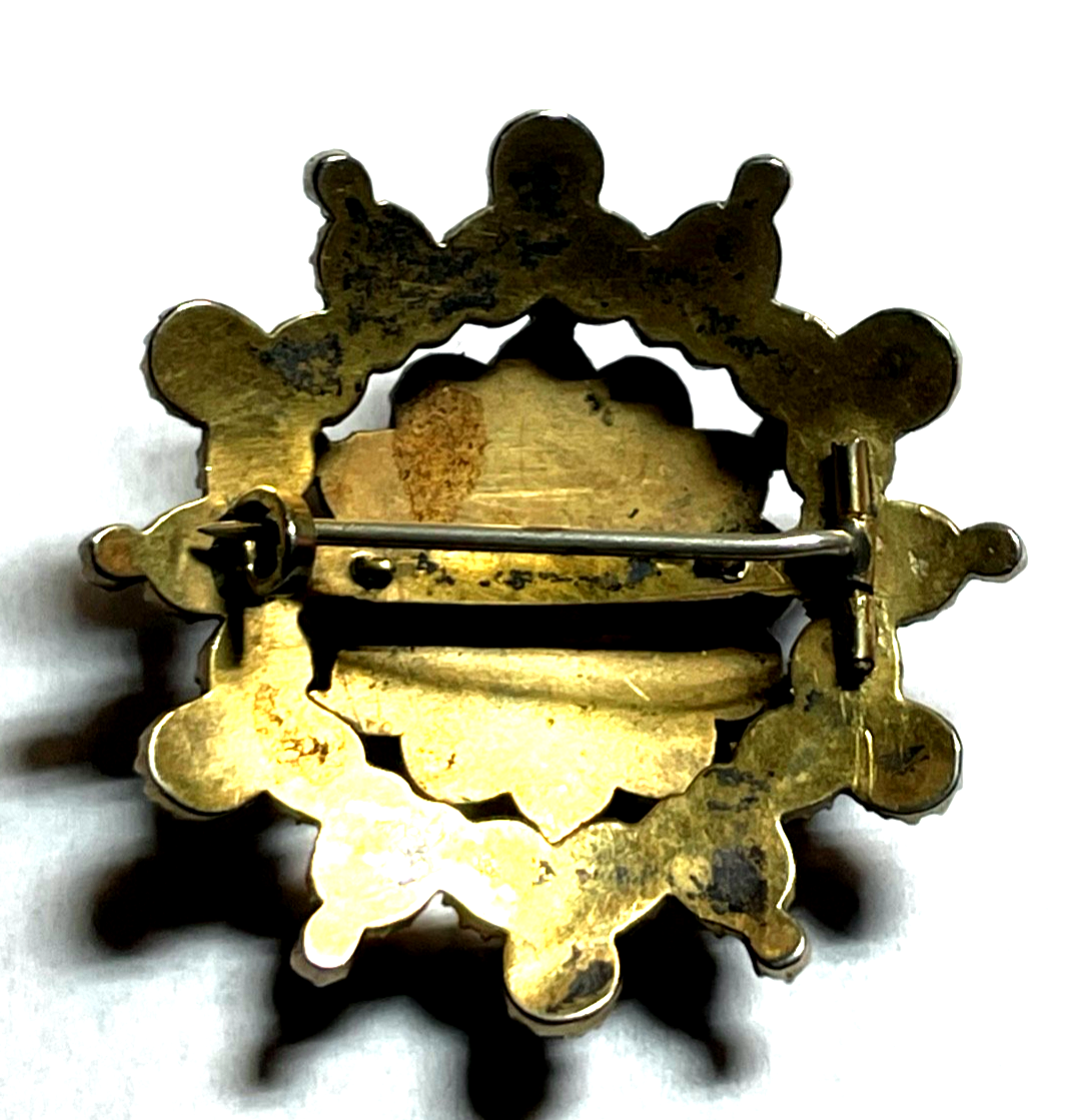 Antik attraktive Granat Brosche vor 1900 Silber vergoldet Ø 35 mm ungereinigt10
