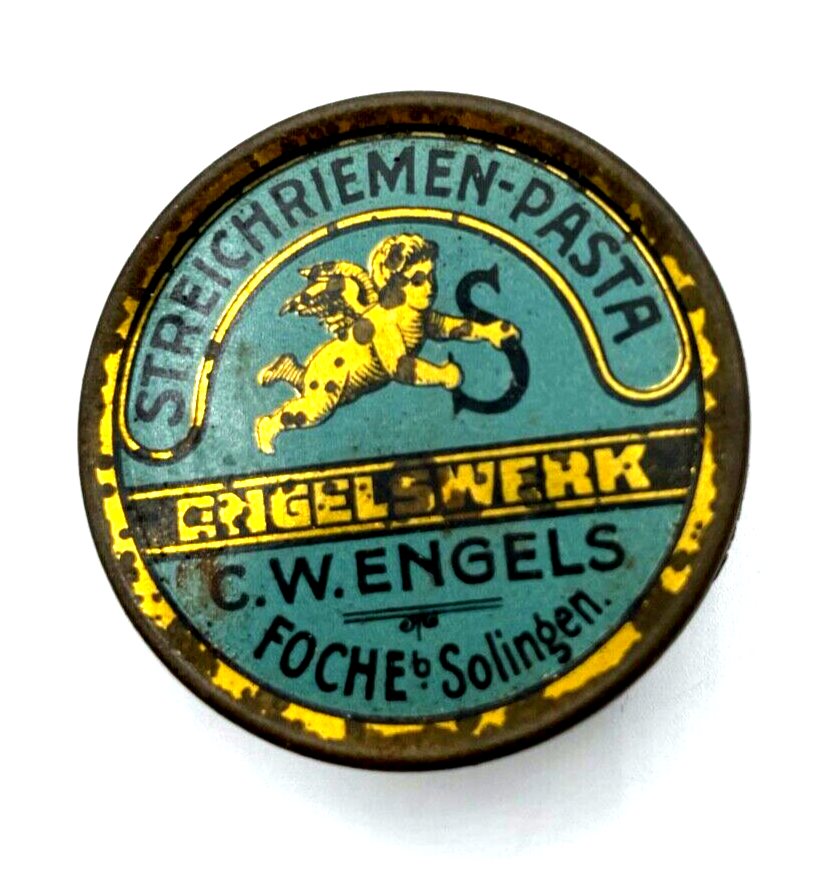 Alte kleine Blechdose Streichriemen-Pasta Engelswerk Engels Foche Solingen rar2