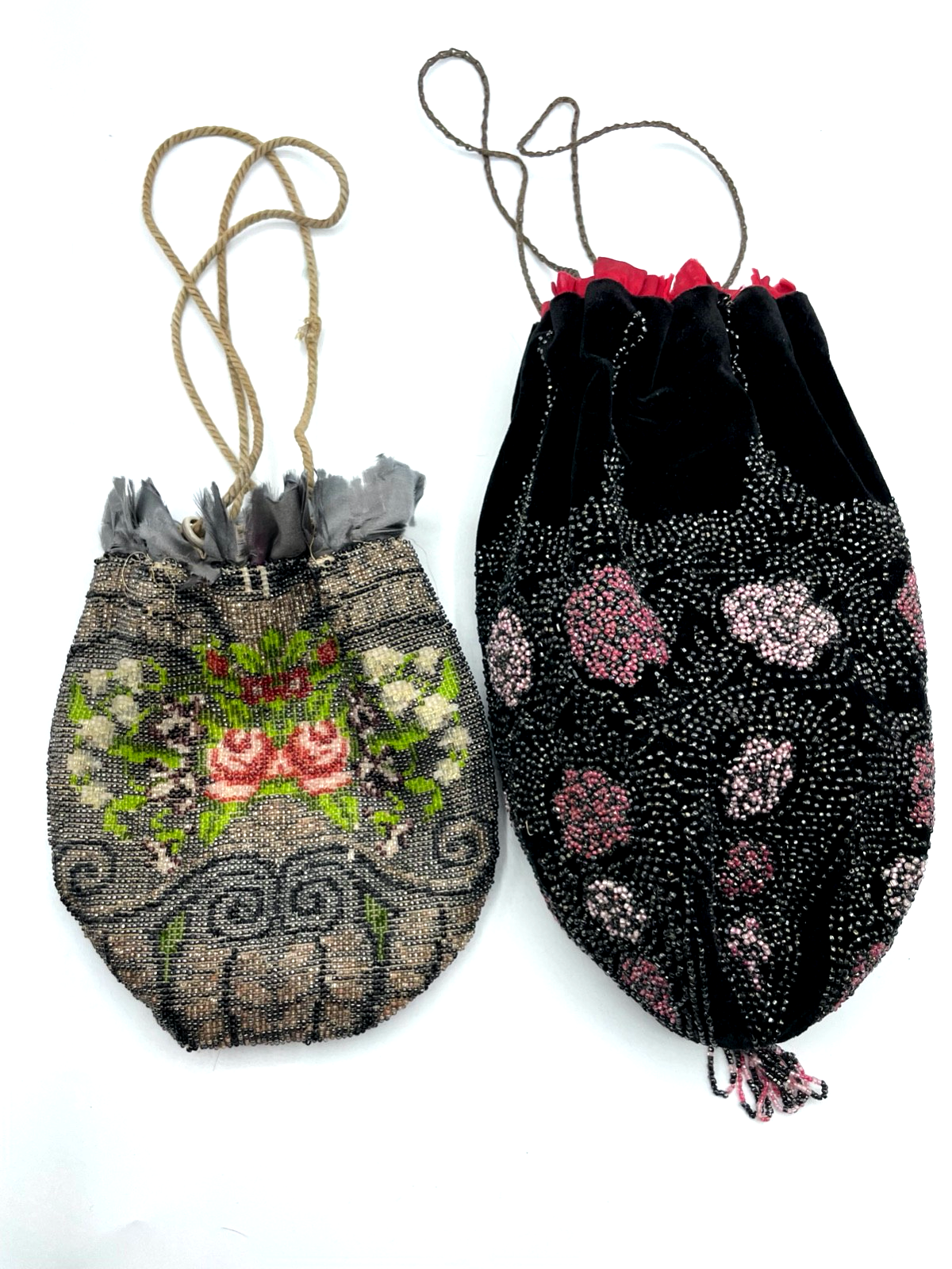 2 Antik Pompadour Glasperlen Tasche Perlenbeutel Handarbeit Perlentasche um 19000