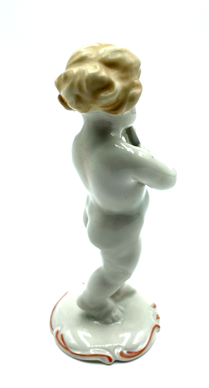 Antik Metzler & Ortloff Porzellan Figur Nackedei mit Flöte 20er J  Putte H 12 cm3