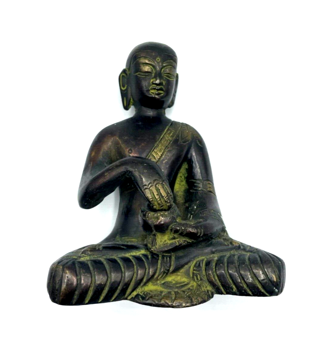Alte asiatische Bronze Statue Buddha Mönch Bronze Figur H 13 cm B 10,5 cm Patina0