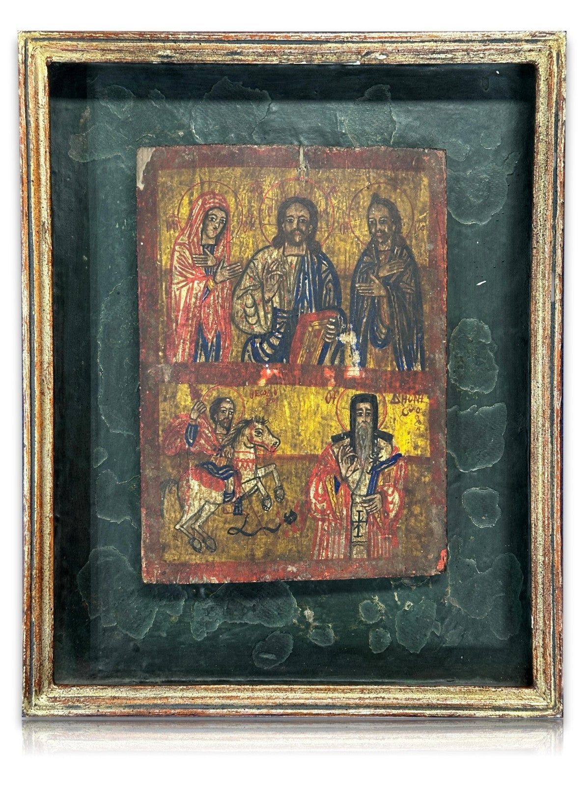 Alte Ikone um 1800 – Deësis mit Hl. Theodor & Johannes – Rumänien Tempera & Gold0
