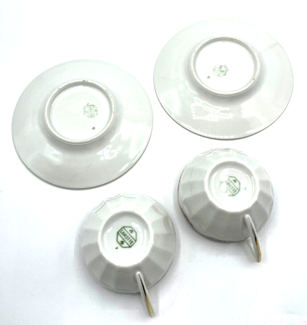 2x antik Porzellan Tasse + Unterteller Lamotte France Motiv Rose Ranke 30erJ rar5