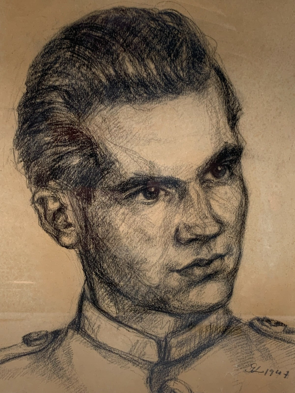 Soldaten Portrait Porträt - Monogramm 1947 - Kohle auf Papier - gerahmt Glas1