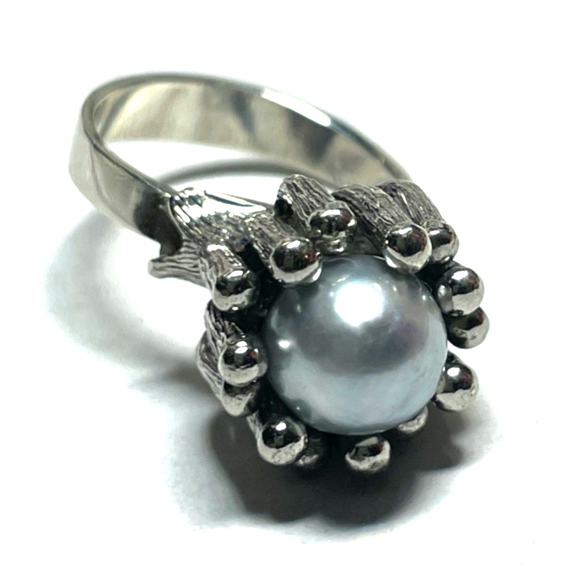 Brutalist  vintage 835 Silberring mit Tahiti Perle Unikat Ø 18 mm RG 57 gepflegt8