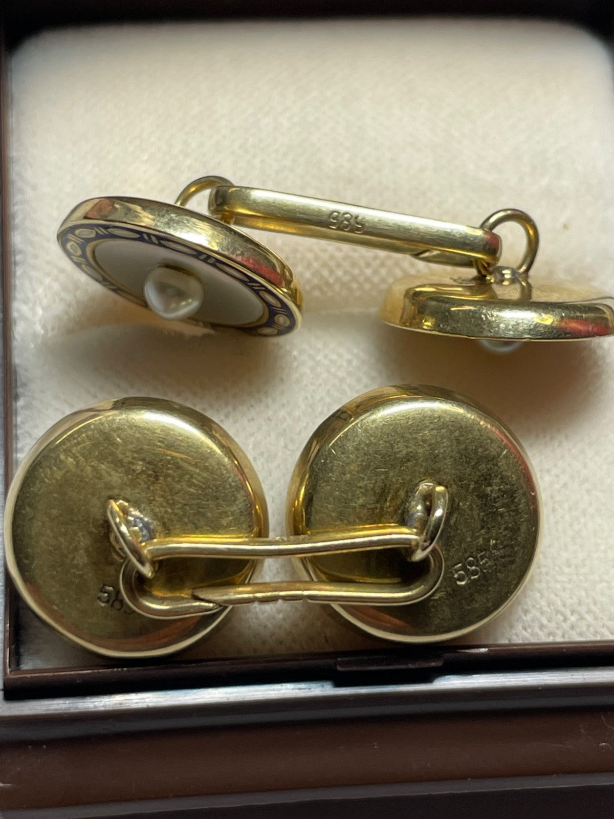 Antik 585 Gold 14 K Manschettenknöpfe Emaille Naturperle um 1920 Juwelier gepfl.2