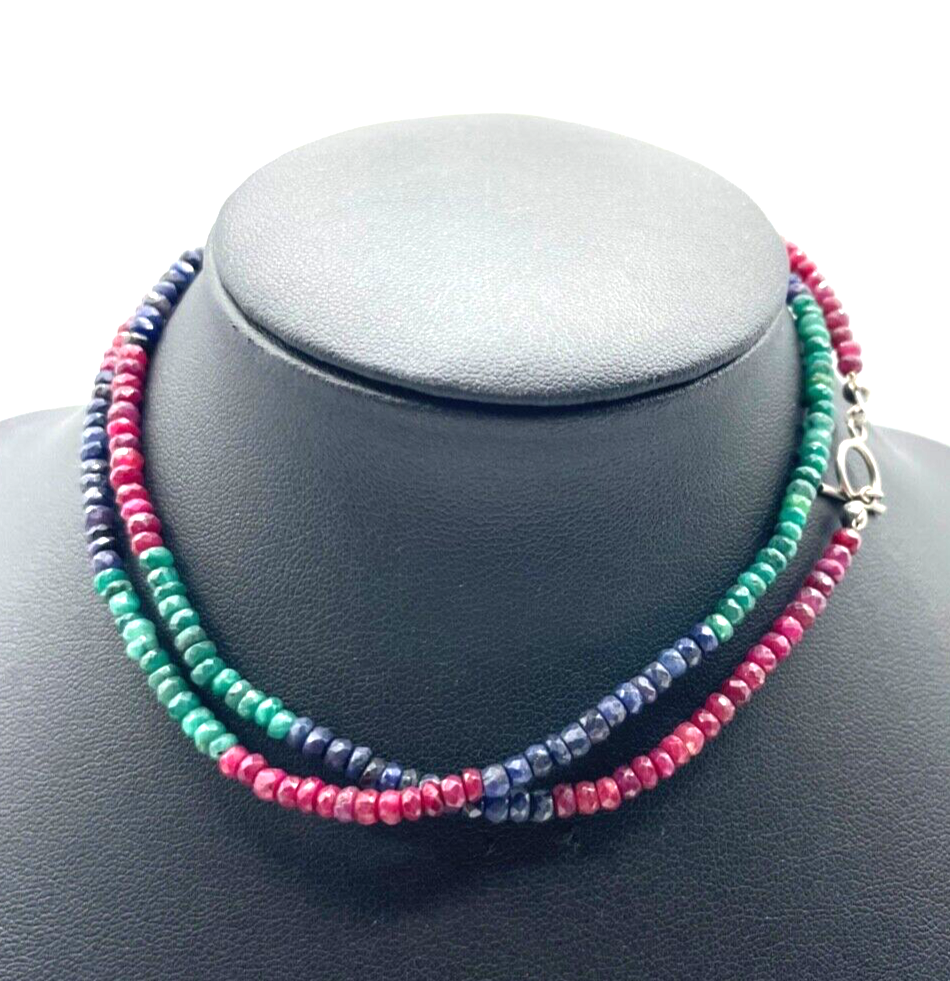 60 cm Smaragd Saphir Rubin Edelstein Mix Kette facettierte Rondelle 925 Silber3