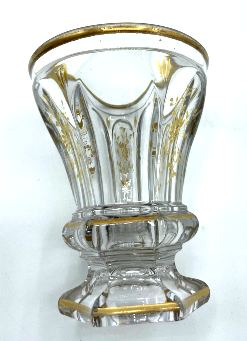 Antik Kristall Glas Ranftbecher Pokal floral Golddekor um 1900 gepflegt4