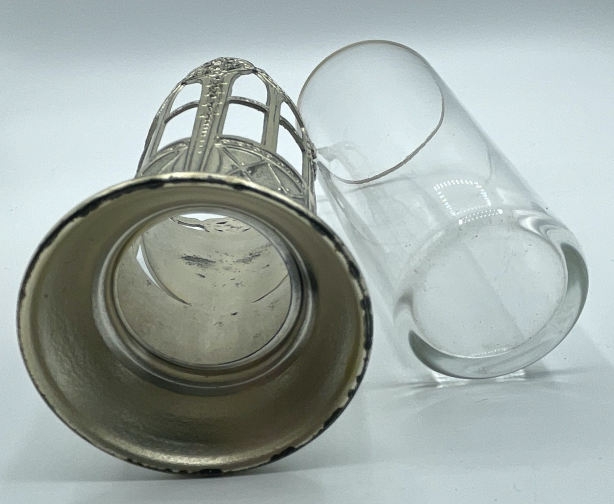 Antik Jugendstil Glas in versilberter Metall Montur mit Flötistin + Putte Engel6