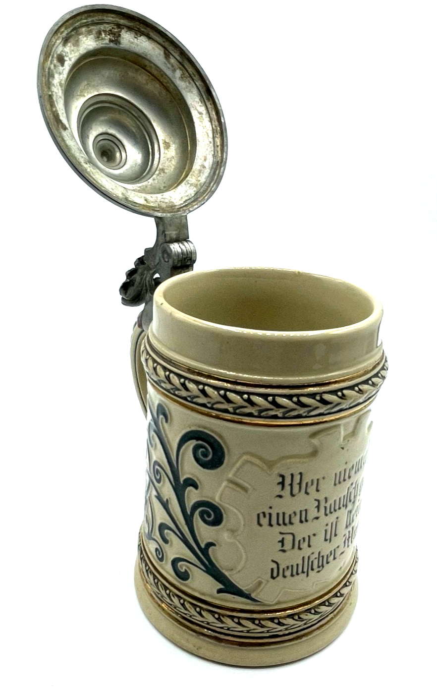 Antik Steinzeug Bierkrug mit Zinn Deckel Bier Seidel vor 1900 Trinkspruch 1/2 L10