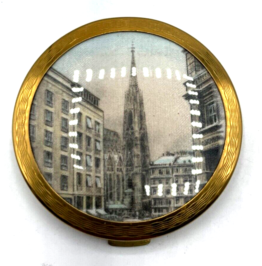 Vintage Puderdose aus Messing vergoldet 50erJ 60er Jahre Ulmer Münster auf Seide0