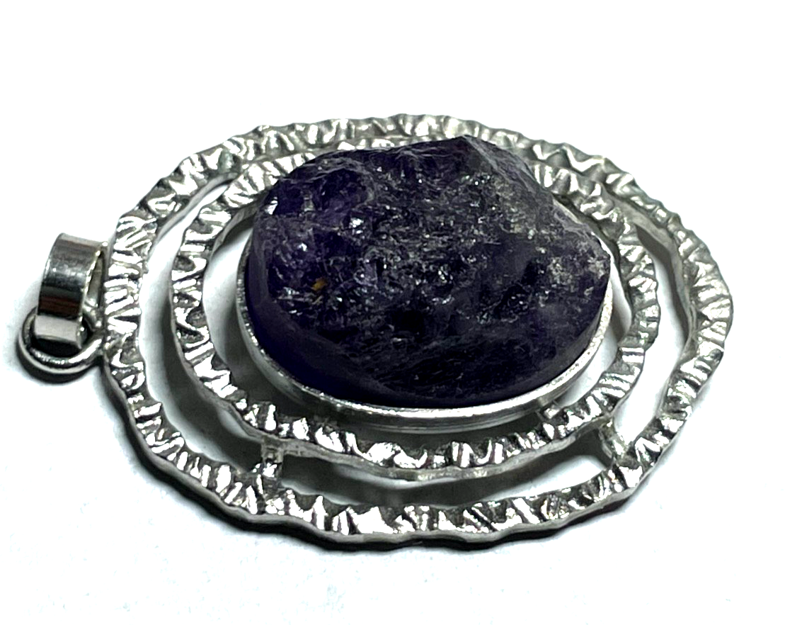 Vintage Handarbeit 835 Silber Anhänger mit natürlichem Amethyst 70erJ Brutalist0