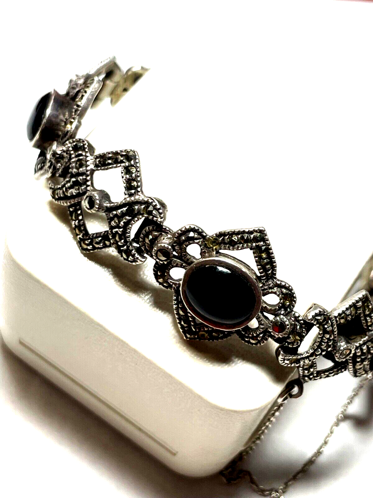 Traumhaftes solides 925 Silber Armband Handarbeit schwarzer Onyx + Markasit11