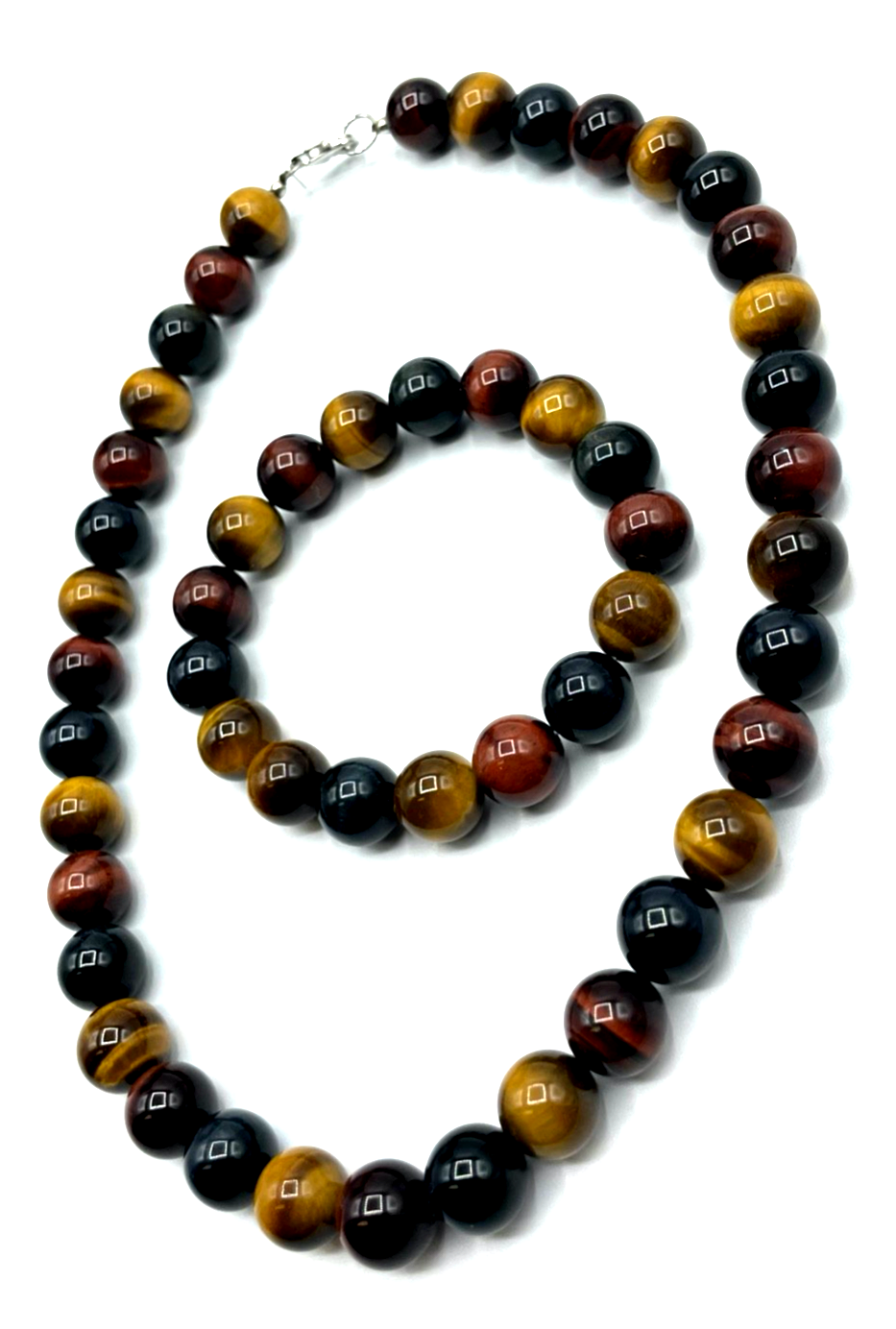 Neu Set Falkenauge Tigerauge Farbmix Halskette Kugelkette Collier + Armband Ø110