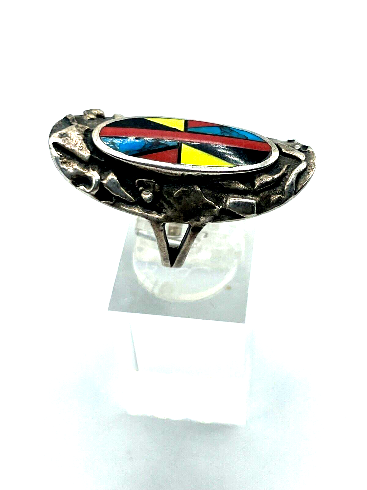 925 Sterling Silber Ring Zuni Indianerschmuck Edelstein Inlay Handarbeit Ø 16mm5