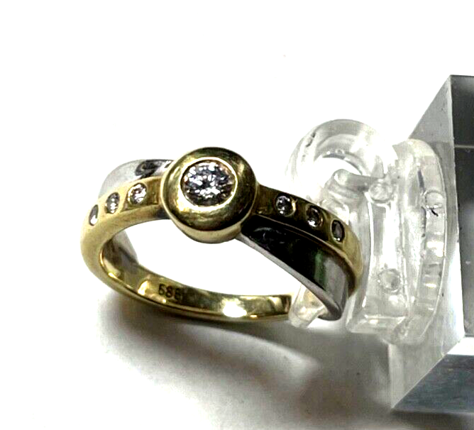 Massiver 585 Gold 14 K bicolor Ring 7 Brillanten Juwelier 5,22 Gr. RG 54 gepfl.2
