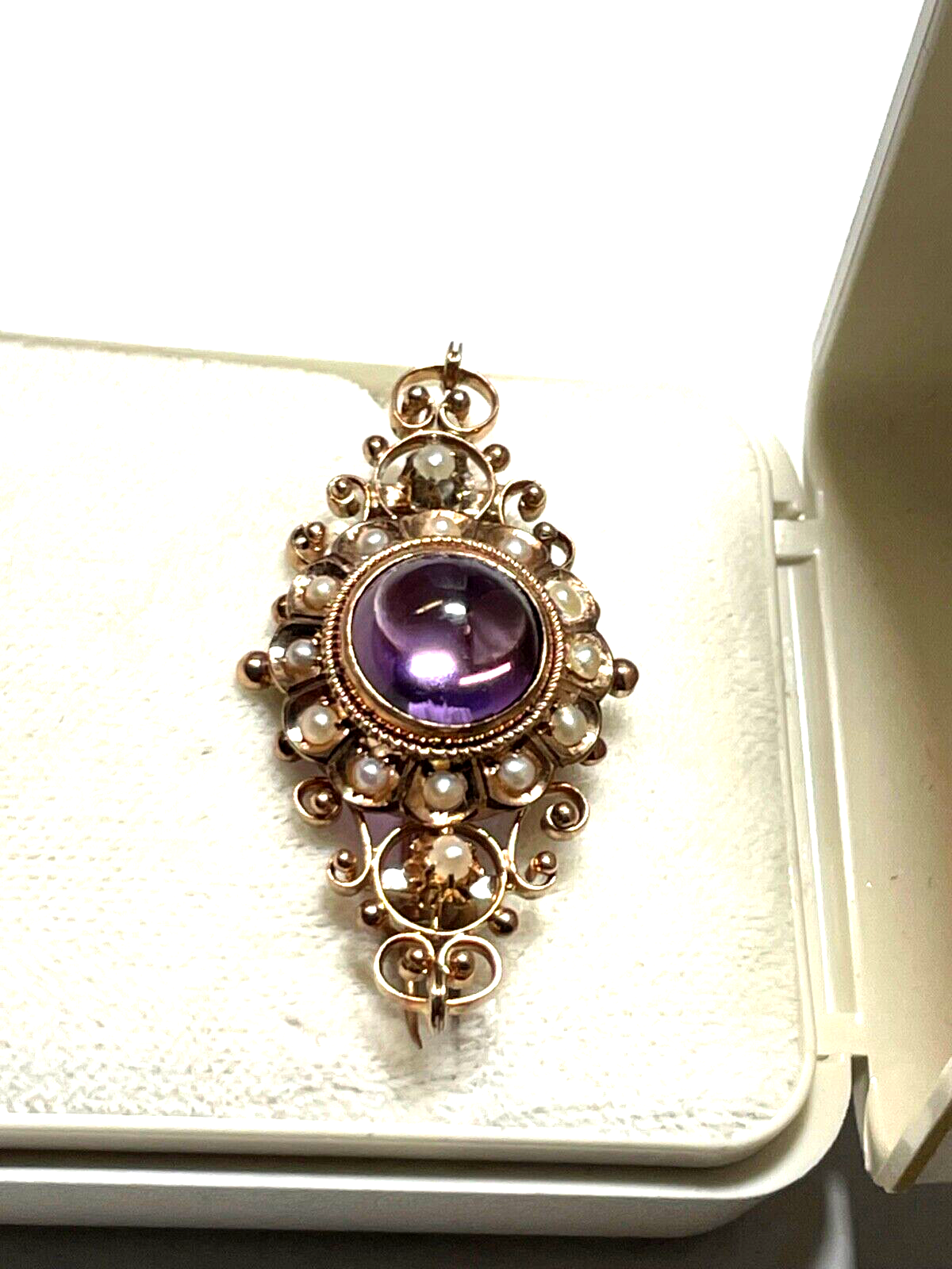 Antik 8 K Gold 333 Brosche Amethyst Cabochon Orientperlen Historismus Saatperlen11